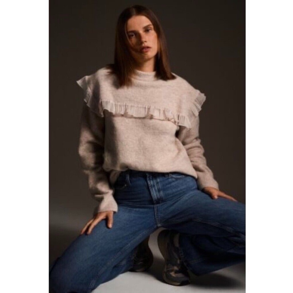 ZARA Organza Ruffle Knit Combination Sweater Ruffled Romantic Wool Medium - Picture 2 of 15